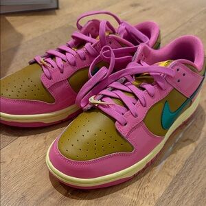 Pink and Brown Sneakers with Teal Swoosh